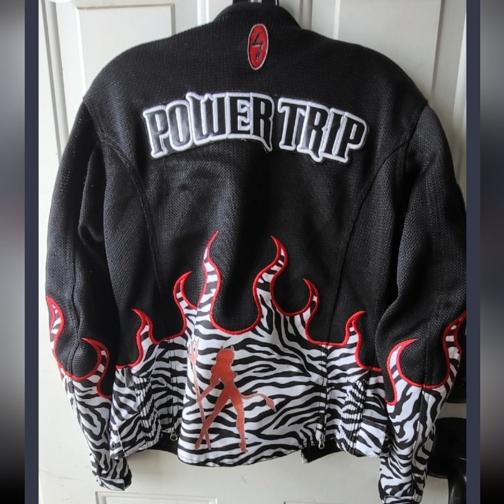 Power Trip Zebra Flame Moto Jacket - Black, White & Red - Medium